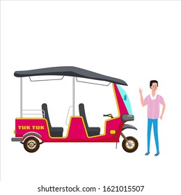 Tuk Tuk Asian auto rickshaw three wheeler tricycle with local driver. Thailand, Indian countries baby taxi. Vector illustration isolated cartoon style