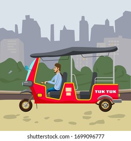 Tuk Tuk Asian auto rickshaw three wheeler tricycle with local driver. Background city urban street Thailand, Indian countries baby taxi. Vector illustration isolated cartoon style