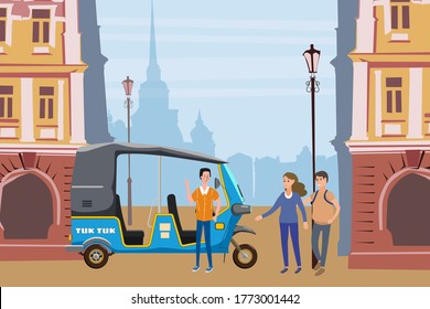 Tuk Tuk Asian auto rickshaw three wheeler tricycle with local driver. Background city urban street Thailand, Indian countries baby taxi. Vector illustration isolated cartoon style