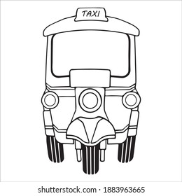 Tuk tuk Bangkok Thai vintage, retro tricycle vehicle, traditional tourism style symbol, front view, doodle icon