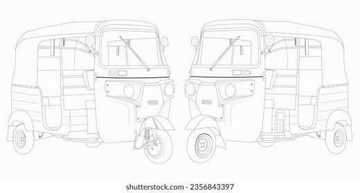 Tuk tuk Both side view line art vector on a white background