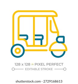 Tuk tuk pixel coche perfecto icono de línea de dos colores. Auto rickshaw. Transporte público en el sudeste asiático. Símbolo de contorno bicolor de servicio de taxi. Pictograma lineal duotono. Ilustración aislada. Trazo editable