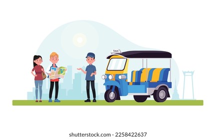 A tuk tuk driver is introducing places to visit in Thailand to tourists.