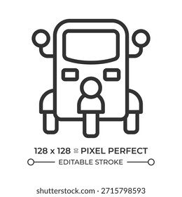 Icono de línea perfecta de píxeles tuk tuk. Auto rickshaw. Transporte público en el sudeste asiático. Servicio de taxi. Transporte. Ilustración vectorial aislada. Símbolo de contorno. Dibujo lineal simple. Trazo editable
