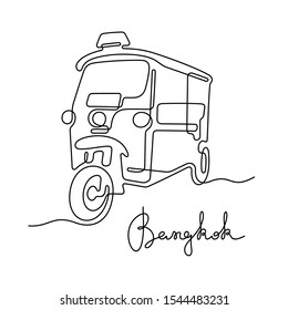 Tuk tuk taxi, Bangkok. Continuous line vector illustration