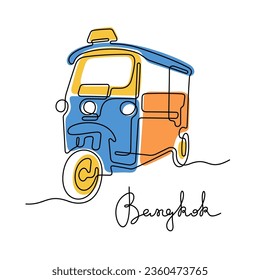 Tuk Tuk Tuk taxi, Bangkok, línea continua colorida ilustración vectorial