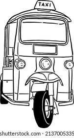 Tuk Tuk Taxi Car in Bangkok Transportation Thailand culture Hand drawn line art Illustration