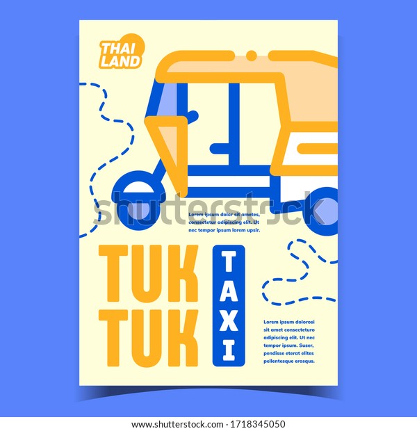 Tuk Tuk Taxi Creative Advertising Poster\
Vector. Thailand Traditional Taxi For Transportation Passenger.\
Popular Asian Transport Motorbike Concept Template Stylish Colorful\
Illustration