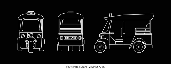 Tuk Tuk viaje en taxi en Tailandia aislado sobre fondo blanco. Elemento de diseño de icono de esquema de transporte tailandés. Ilustración vectorial de dibujos animados.