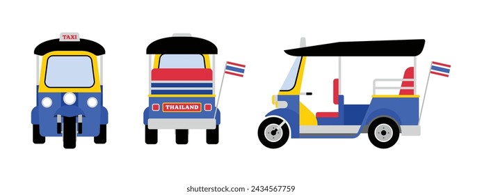 Tuk Tuk viaje en taxi en Tailandia aislado sobre fondo blanco. Elemento de diseño de icono de transporte tailandés. Ilustración vectorial de dibujos animados.