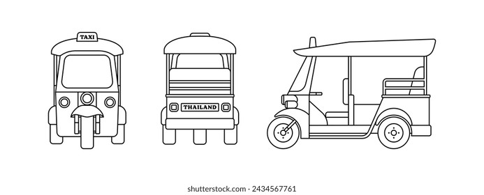 Tuk Tuk Taxi Reisen in Thailand isoliert auf weißem Hintergrund. Thai Transport Outline Icon Design Element. In: Cartoon Vector Illustration.