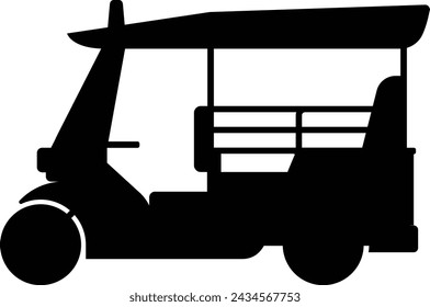 Tuk Tuk viaje en taxi en Tailandia silueta aislada sobre fondo blanco. Elemento de diseño de icono de transporte tailandés. Ilustración vectorial de dibujos animados.