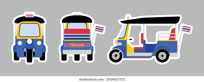 Tuk Tuk taxi travel in Thailand sticker isolated on white background. Thai transportation icon design element. Cartoon vector illustration.