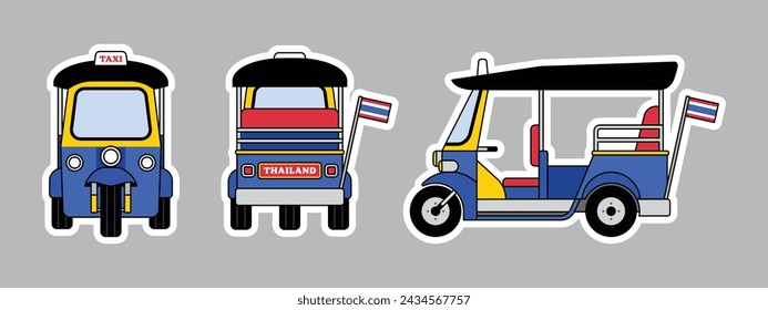 Tuk Tuk taxi viaje en Tailandia pegatina aislado sobre fondo blanco. Elemento de diseño de icono de transporte tailandés. Ilustración vectorial de dibujos animados.