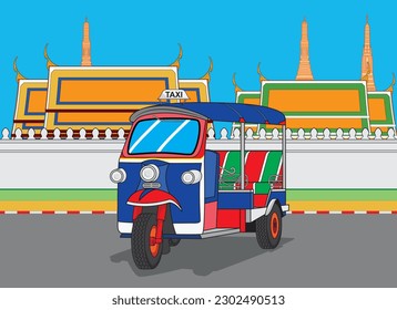 Tuk Tuk Thailand 3 wheels taxi background with Thailand Temple of the Emerald Buddha – wat phra kaew drawing in colorful cartoon vector