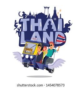 Tuk Tuk or three-wheeled cabin cycle in Thailand. logo illustration with landmark in Thailand - vector 