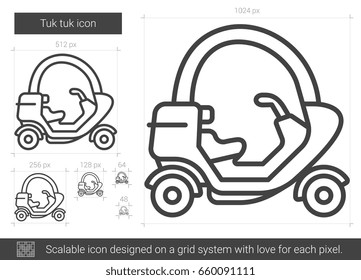 Tuk tuk vector line icon isolated on white background. Tuk tuk line icon for infographic, website or app. Scalable icon designed on a grid system.