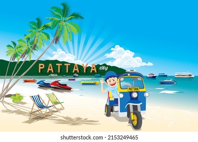 TUK TUK VEHICLE ON BEAUTIFUL PATTAYA SUMMER BEACH IN THAILAND VECTOR.