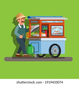 Tukang baso tahu gerobak is man selling indonesian traditional street food in stall. concept in cartoon illustration vector