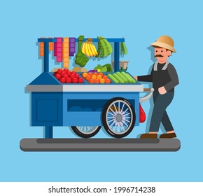 Tukang sayur keliling is indonesian fruit and vegetable seller in stall illustration in flat vector