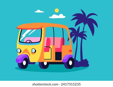Tuk-tuk Asian transport - modern colored vector illustration with tricycle taxi. Travel methods on vacation, vehicle for city, local drivers, palm trees, recreation and exotic, tropics lifestyle idea