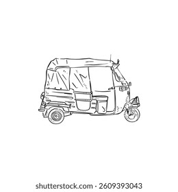 Tuktuk, a famous Asian method of transport. Drawn by hand in black and white sketch style.