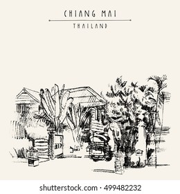Tuk-tuk in a hotel yard in Chiang Mai, Thailand, Southeast Asia. Hand drawing. Vintage artwork. Travel sketch. Book illustration, touristic postcard or poster in vector