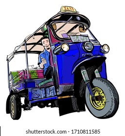 Tuktuk in Thailand - vector illustration (Ideal for printing on fabric or paper, poster or wallpaper, house decoration) 