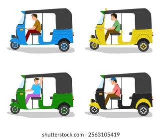 Tuk-tuks(three wheeler) in different colors with drivers. These type of tuk-tuks are widely used in south Asian countries like Sri Lanka and India for travel and as taxies. This is a vector design.