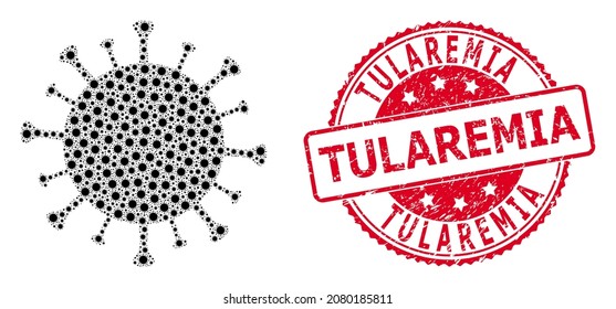 Tularemia rubber round stamp seal and vector recursion collage Covid-19 virus. Red stamp has Tularemia title inside. Vector collage is composed of scattered Covid-19 virus icons.