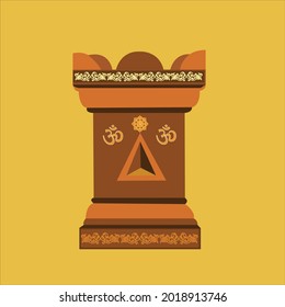 Tulasi Brindavan in teracotta brown color with decorative design and om on yellow color background