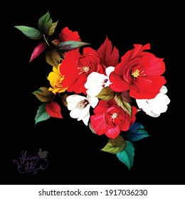 Tulip and abstract flowers on black. Stylized illustration of bouquet with leaf for fabric, textile and other prints. Abstract, watercolor. Hand drawn. Pure vector.
