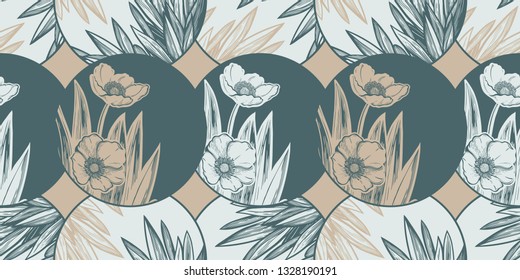 Tulip or Anemon flower composition in circle seamless pattern. Elegant floral blossom background, romantic decoration.