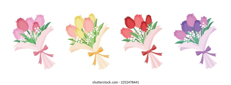 Tulip and Baby's breath bouquets decorated with ribbons are bundled in pink, yellow, red, and purple, respectively. It is a bouquet of four color variations.