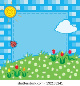 Tulip background in a blue frame on a blue gingham check background