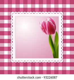 tulip background in a white frame on a pink gingham check background