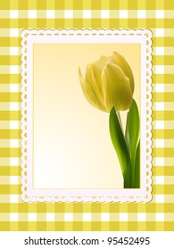 tulip background in a white frame on a yellow gingham check background