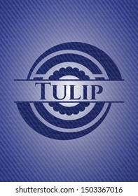Tulip badge with denim background. Vector Illustration. Detailed.