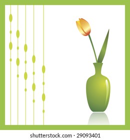 Tulip, a beautiful spring flower in a green vase against white background. Decorative ornament to the left can be turned off to make copy space.