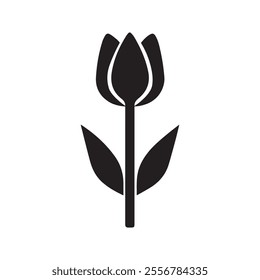 Tulip black icon silhouette with stem and leaves on a white background.