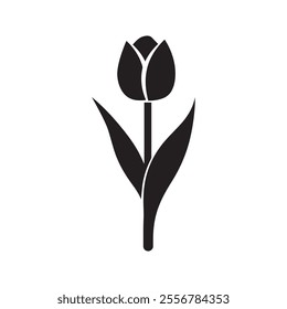 Tulip black icon silhouette with stem and leaves on a white background.