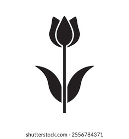 Tulip black icon silhouette with stem and leaves on a white background.