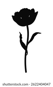 Tulip in black silhouette. Beautiful sketch flower, spring decor. Drawing simple element of minimal style for Easter, Mother Day, Canadian Tulip Festival. Vector illustration