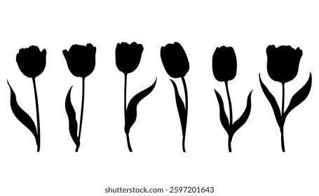 Tulip black silhouette set. Spring flower and leaf elegant botanical flowers vector illustration.