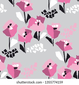 Tulip blossom hand drawn vector seamless pattern. Minimalistic floral flat texture. Poppy inflorescence on grey background. Blossom doodle. Botanical wrapping paper, textile, wallpaper design