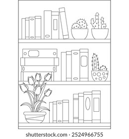 Tulip Bookshelf Página de libro para colorear de estilo mínimo para niños y adultos Colorear creativo Actividad de relajación consciente