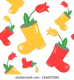 Tulip in a boot seamless pattern. Boots and tulips in yellow and red. Hand drawn vector illustration. Suitable for web background, gift paper, fabric or textile.