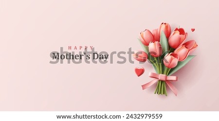 Tulip bouquet 3d illustration with bow and flying hearts, mothers day greeting, realistic illustration