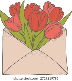 Buquê de tulipa arranjado dentro de um envelope aberto com folhas e escotilha desenhada à mão. Símbolo de amor, gratidão, saudação de primavera e presente de celebração. Ilustração de vetor de desenhos animados.