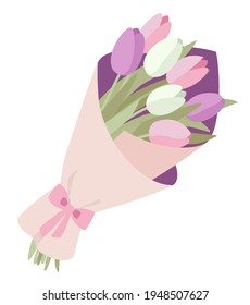 Tulip bouquet. Beautiful Flowers wrapped in pink decorative paper with ribbon. Flat style. Vector